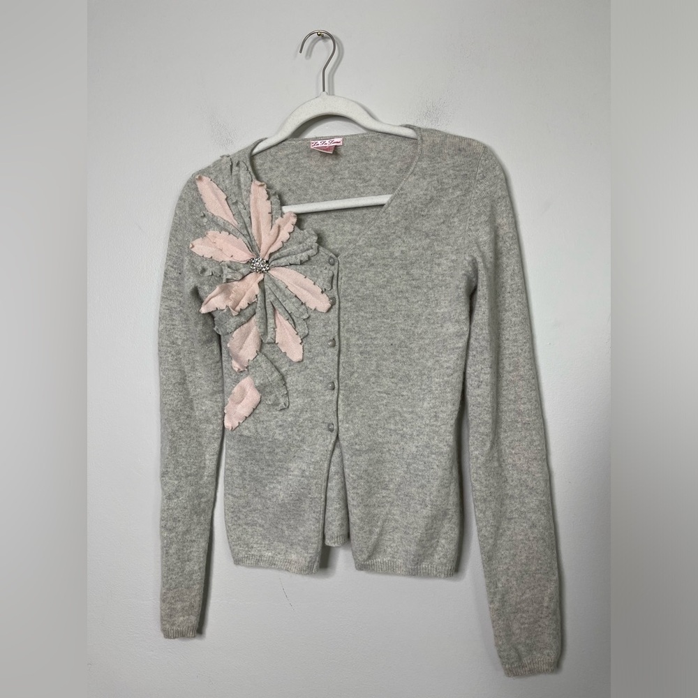 Gray Cardigan with Pink Floral Design